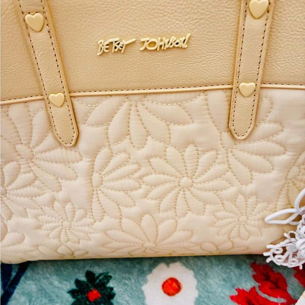 Betsey Johnson Pale Yellow Quilted Floral Tote with Gingham Strap - Picture 2 of 6